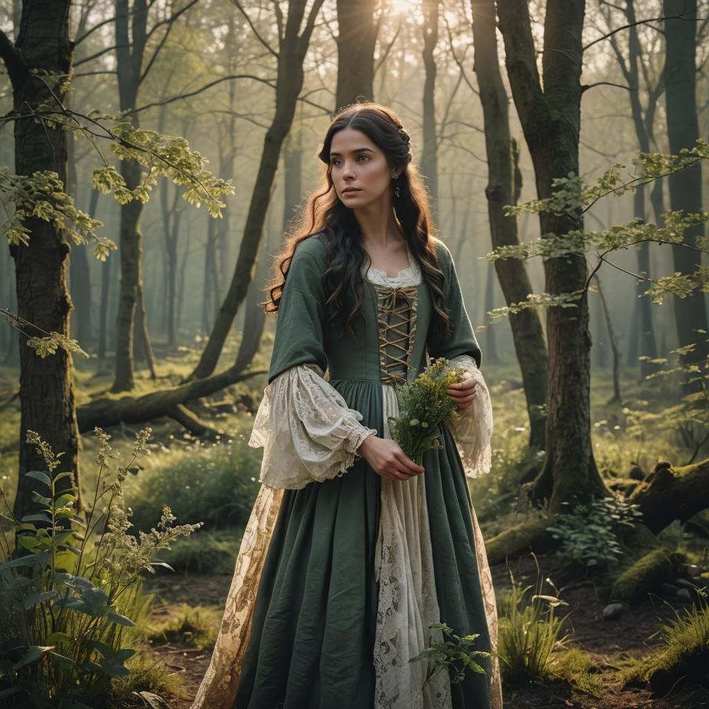 Spring Forest Sunrise: Woman Collecting Herbs