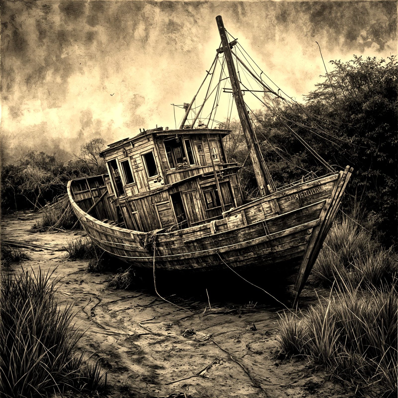 Retro Pacific Island Shrimp Boat in Sepia