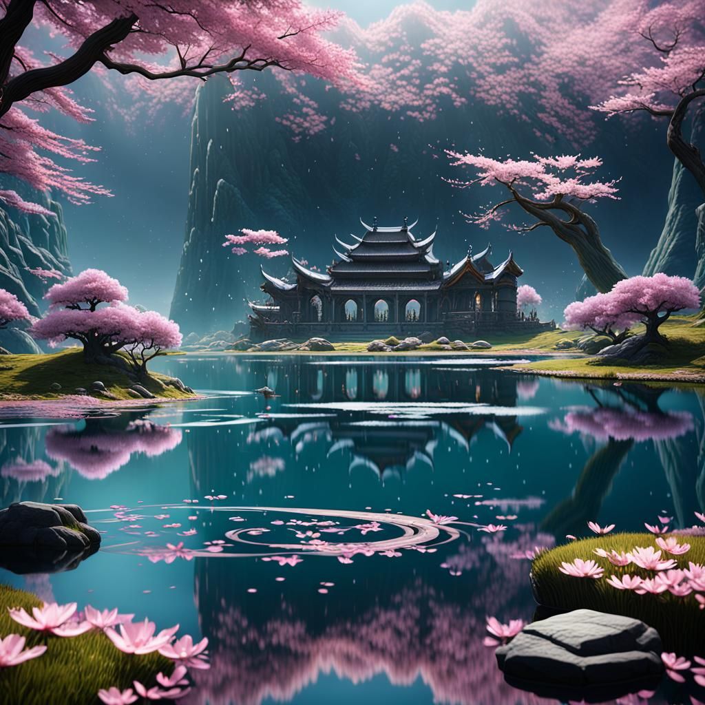 Cherry Blossoms Reflected: Detailed Matte Painting
