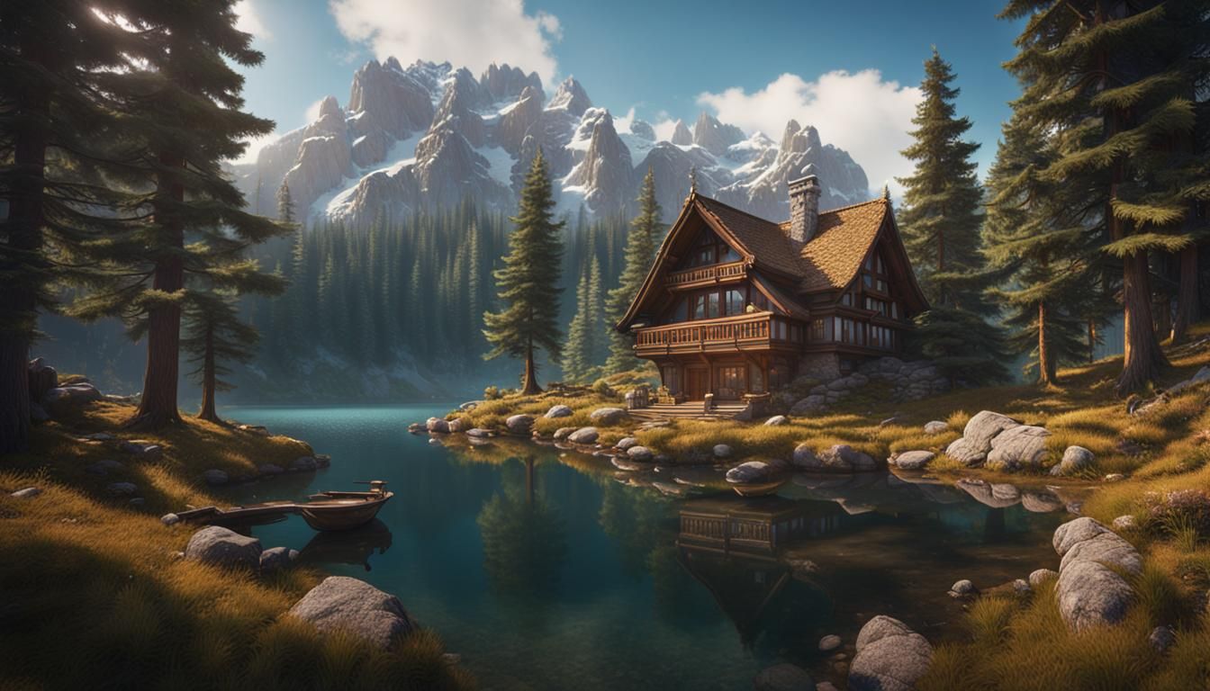 Charming Chalet in Pine Forest: Fantasy Concept Art