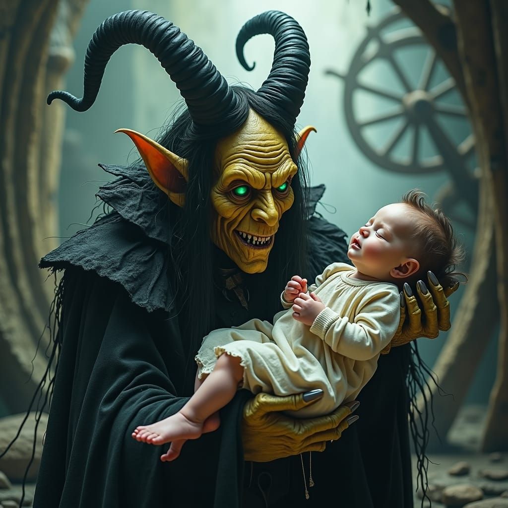 Rumplestiltskin's Sinister Grin in a Gothic Chamber