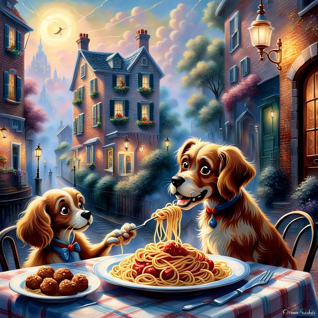 Lady and Tramp Spaghetti Dinner in Kinkade Style