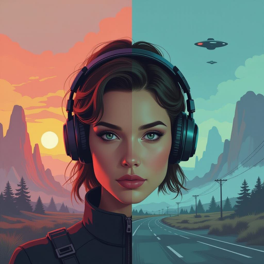 Futuristic Split-Screen Landscape with Eerie Atmosphere