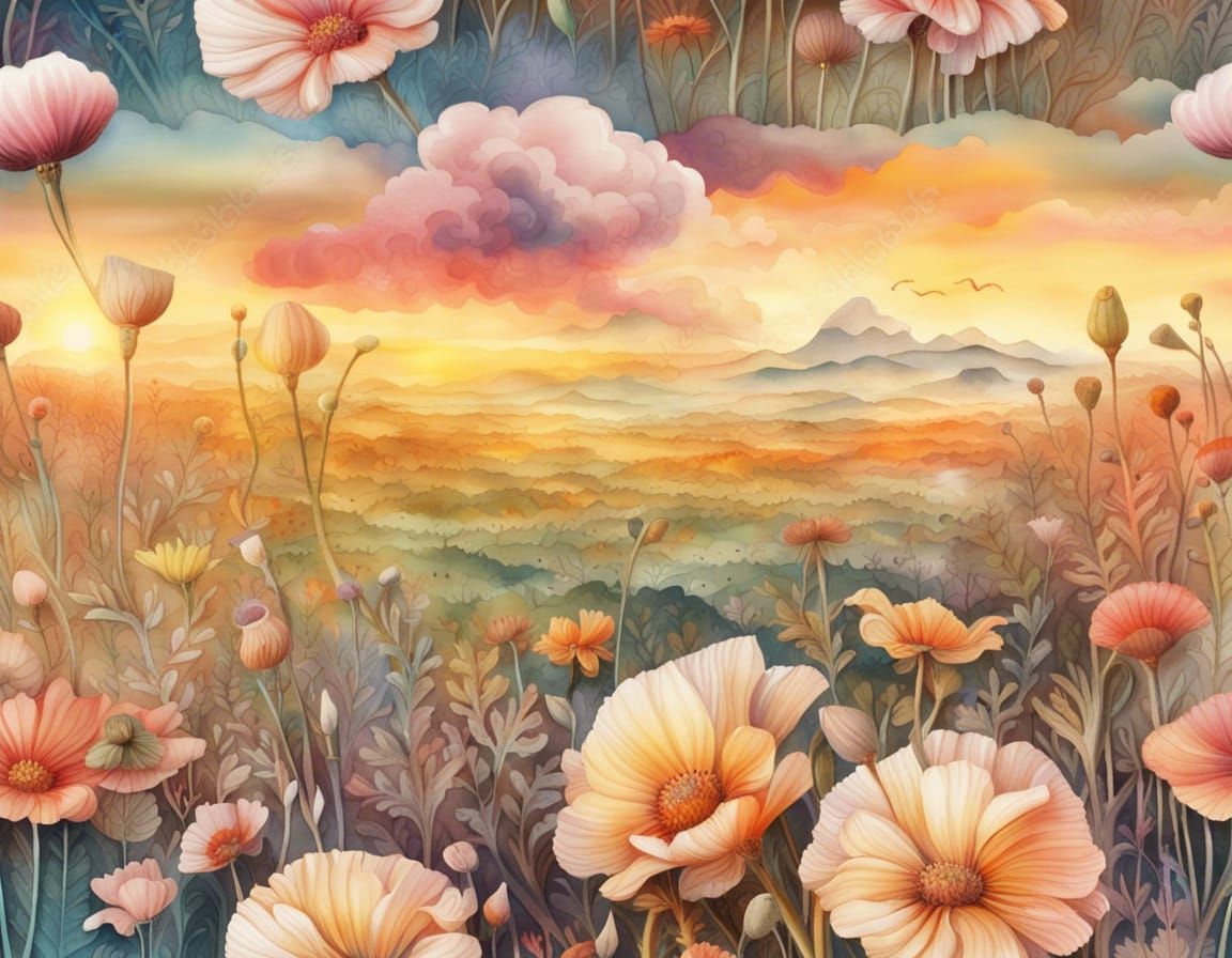 Gorgeous Flower Meadow at Sunrise: Embossed Watercolor