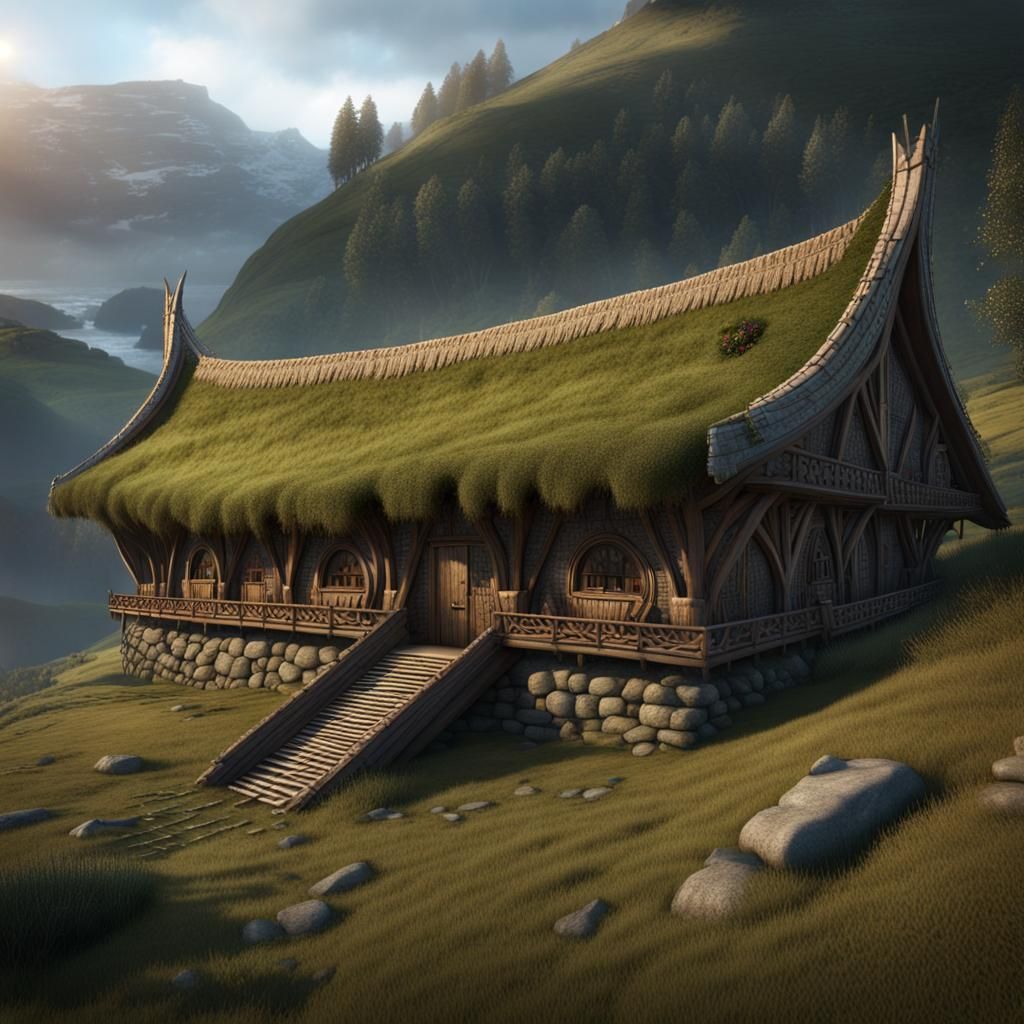 Detailed Norse Longhouse on Hillside in Matte Painting Style
