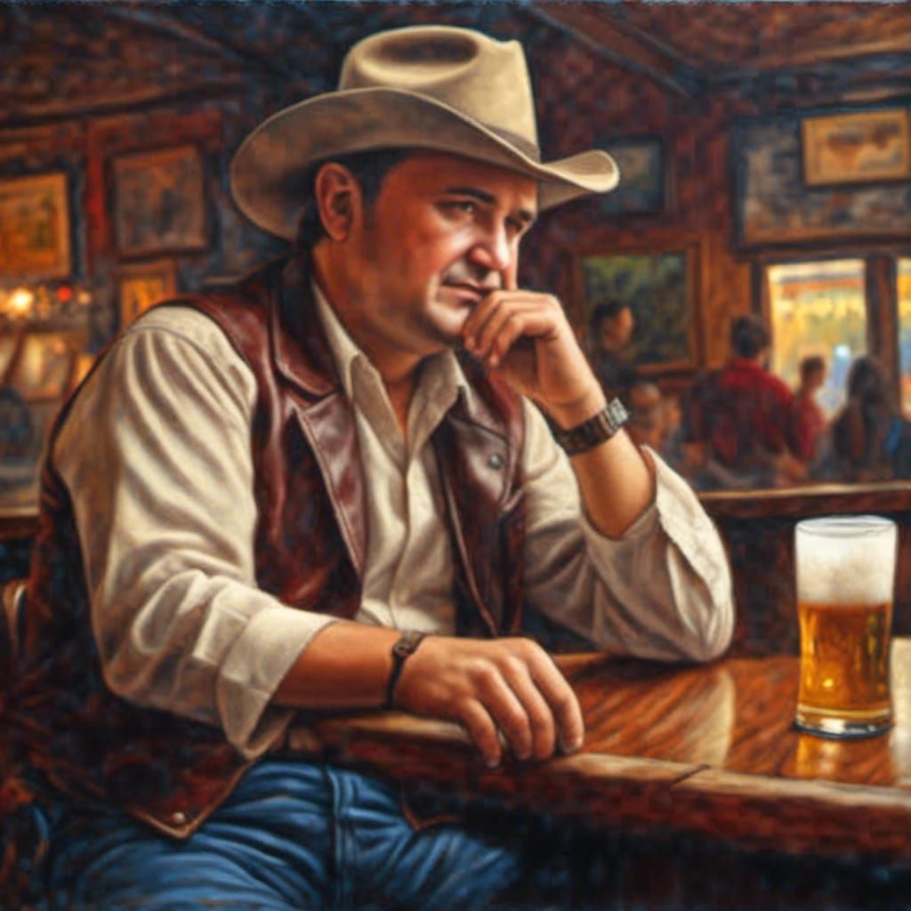 Cowboy Drinking Beer in Saloon: Hyperrealistic Photography