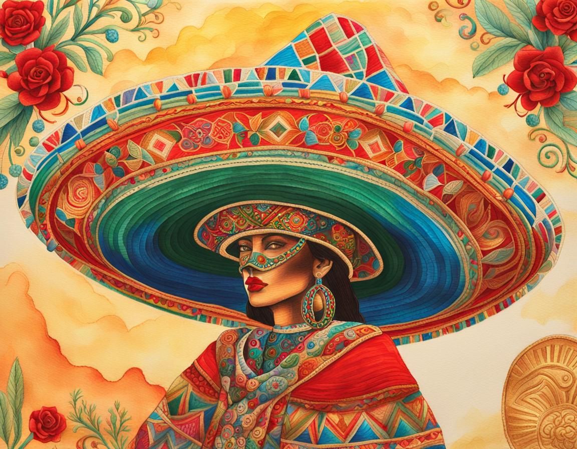 Embroidered Sombrero in Golden Sunset: Mixed Media