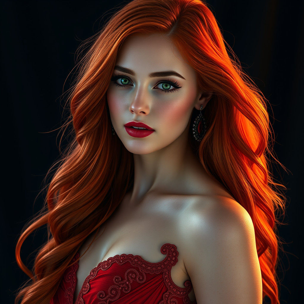 Elegant Woman with Red Hair in Hyper-Realistic Portrait