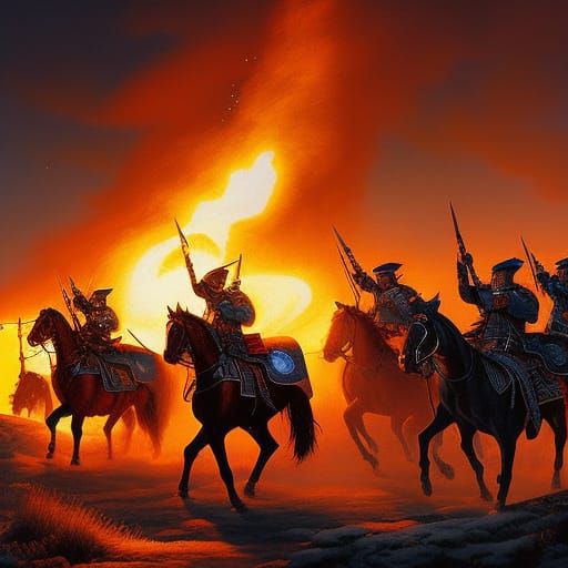 Mongolian Warriors on Horseback Under Fiery Night Sky