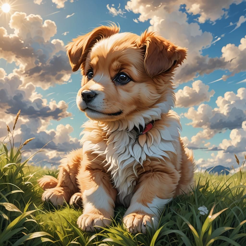 Anime Puppy Portrait on Grassy Hill in 3D
