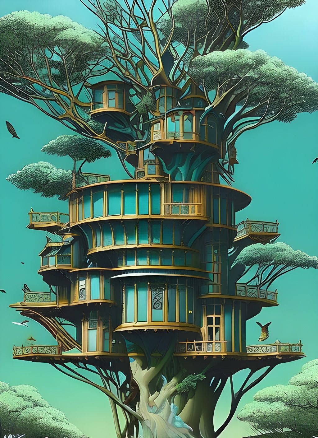 Teal Oceanside Treehouse Castle Masterpiece