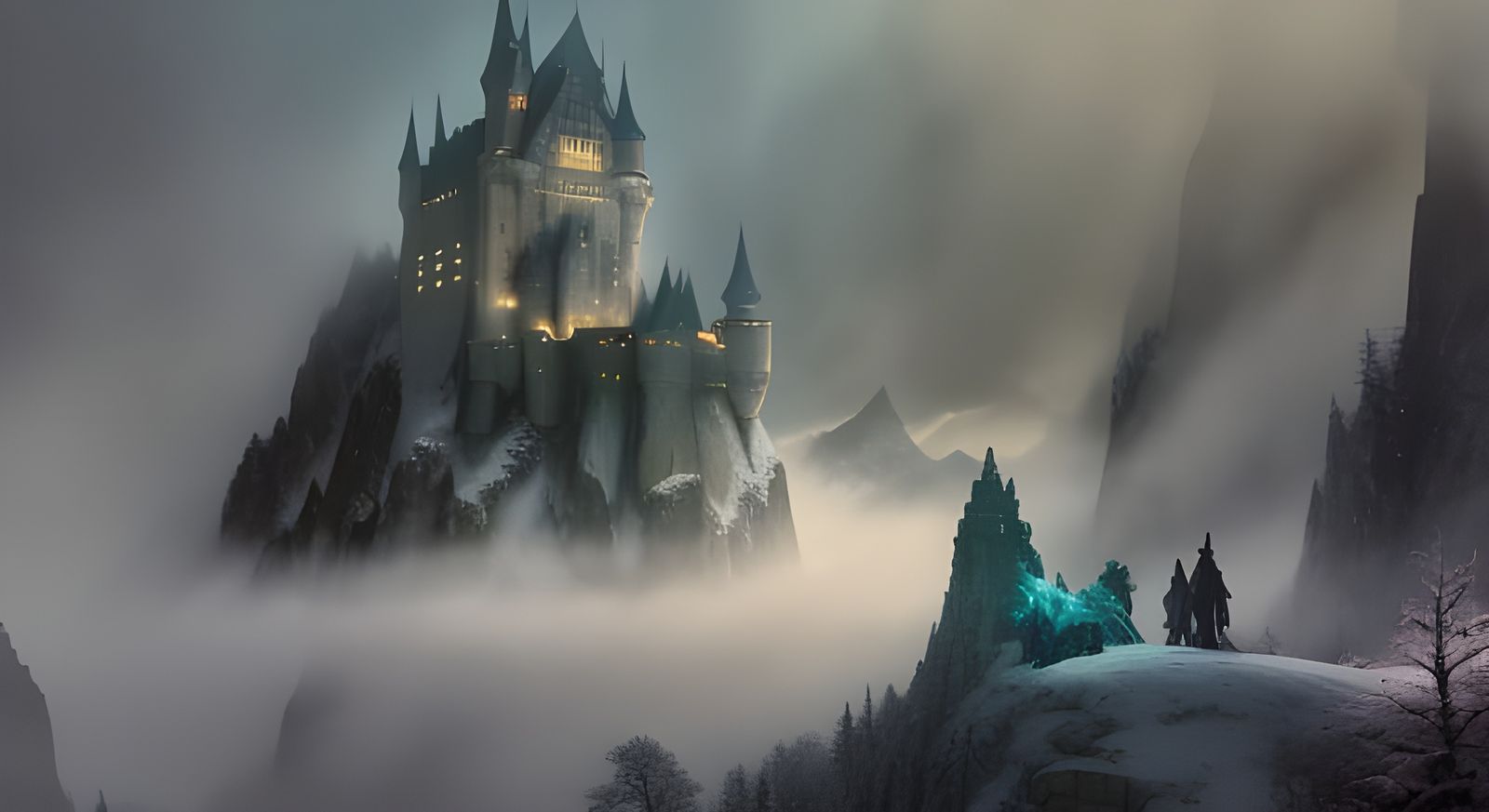 Dragon Attack on Snowy Castle in Ethereal Fantasy Style