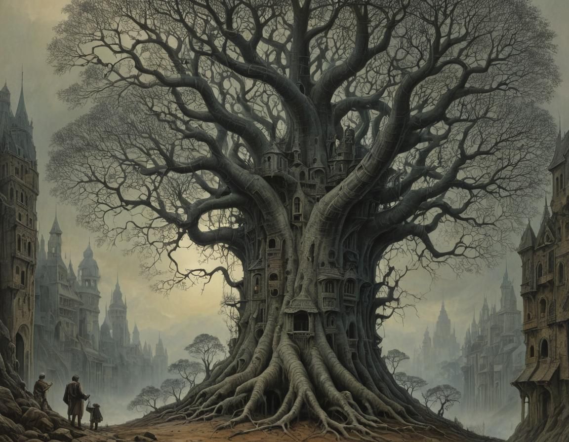 Surreal Tree in Dreamlike Landscape