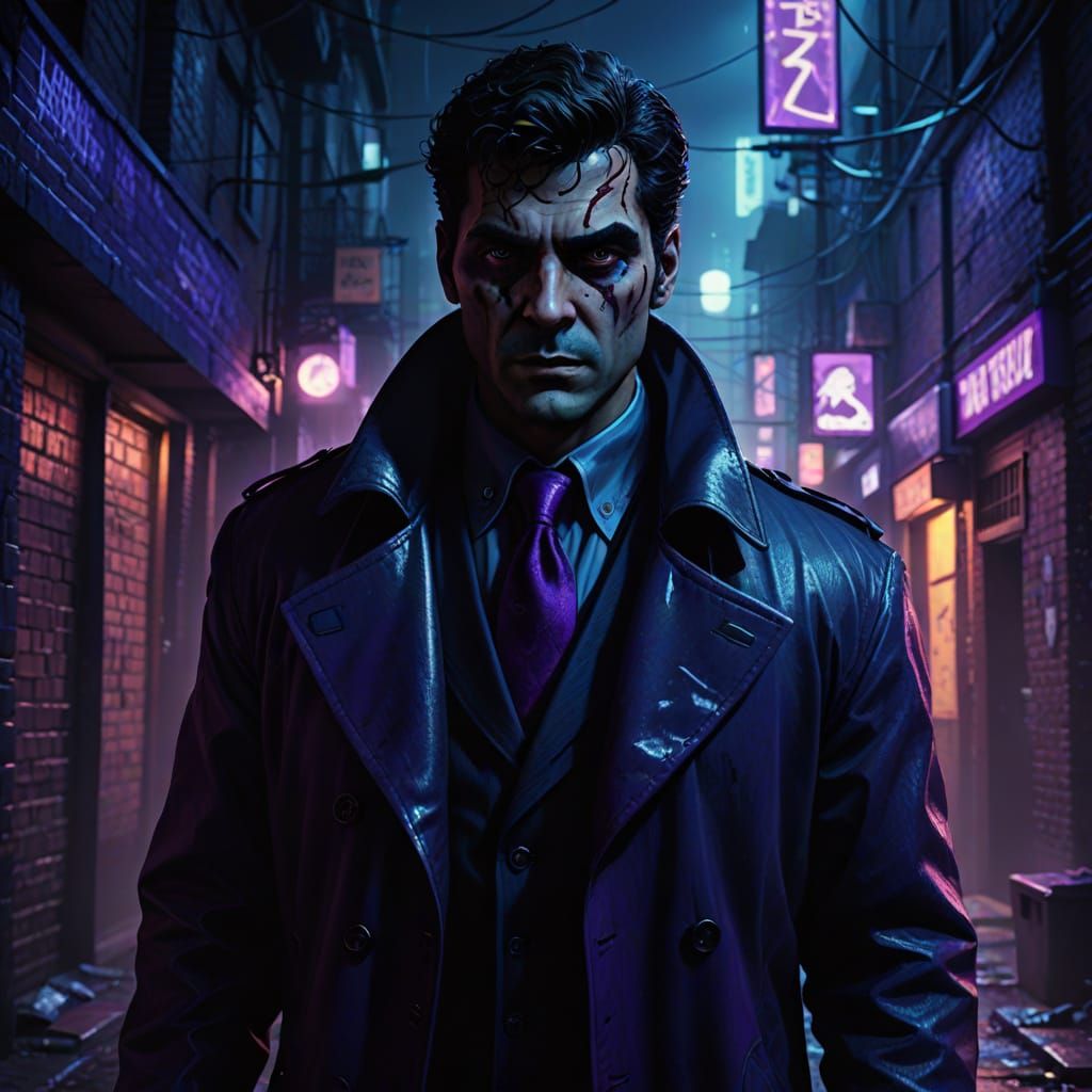 Detective in Dark Alley with Neon Lights