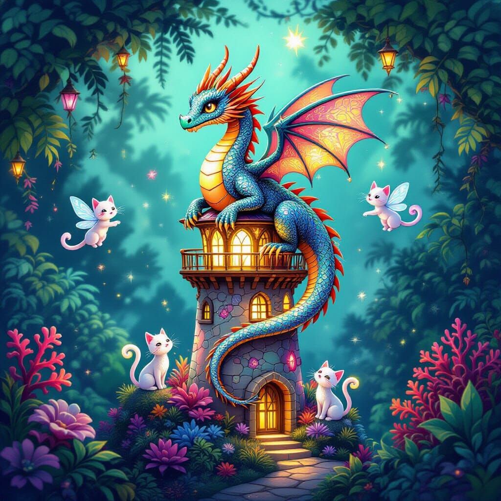 Glass Bead Dragon on Coral Lighthouse in Mystical Jungle