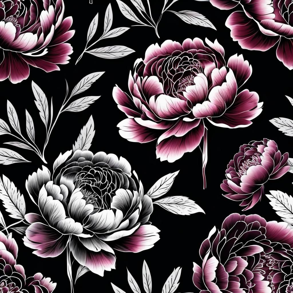 Burgundy Peony Flower on Black, Ink Pattern