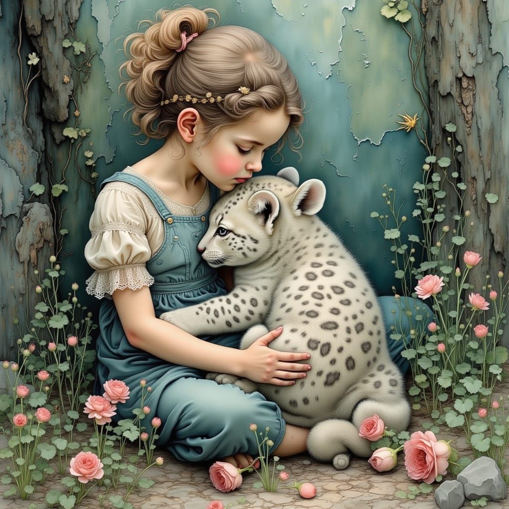 Motherly Love: Girl Hugs White Leopard Cub