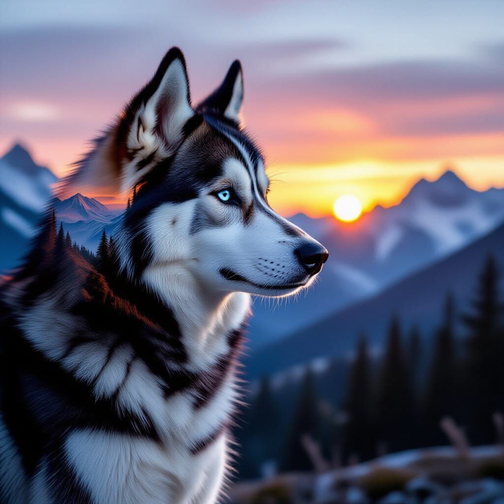 Husky Double Exposure Reflecting Mountain Sunset