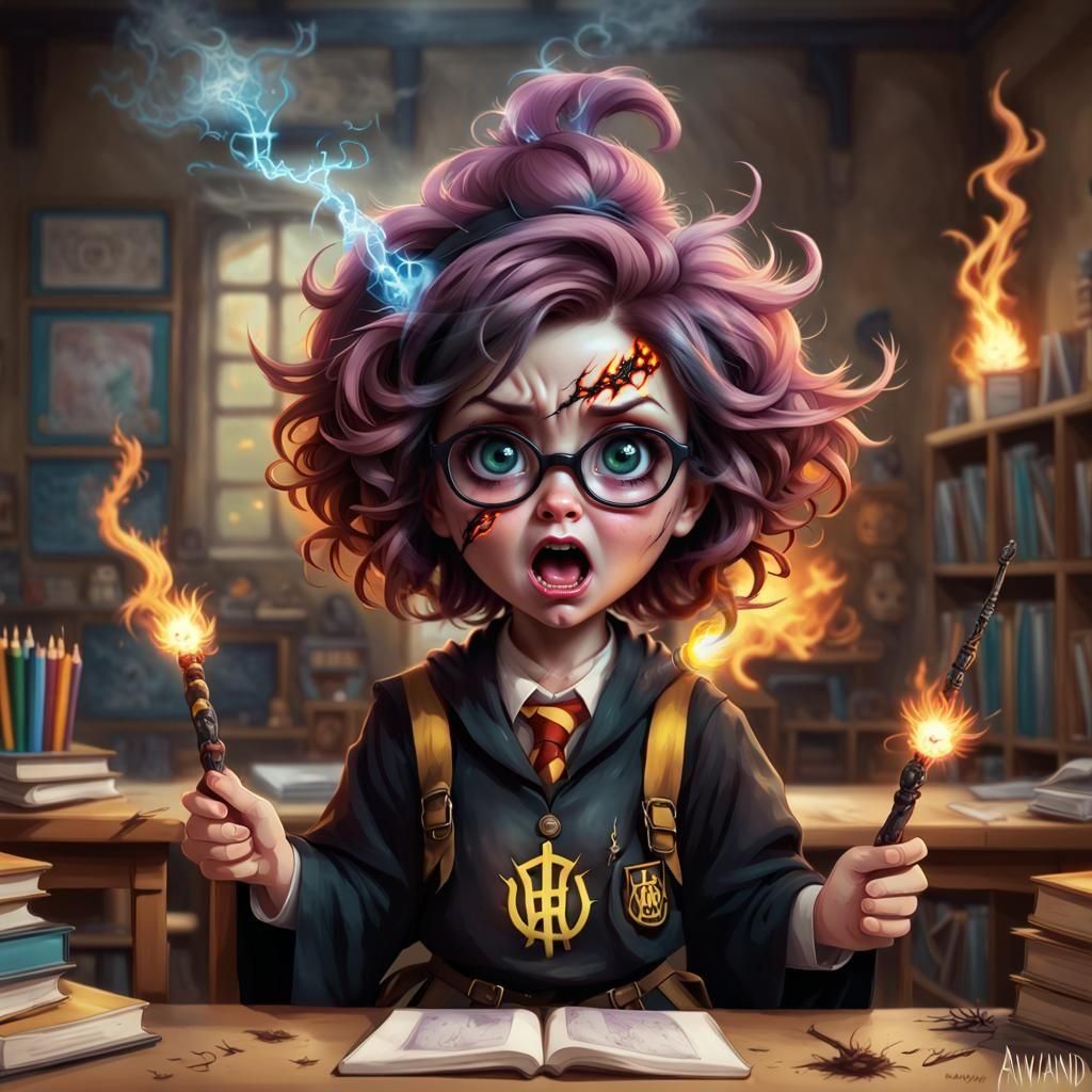 Shocked Chibi Witch with Electrocuted Wand