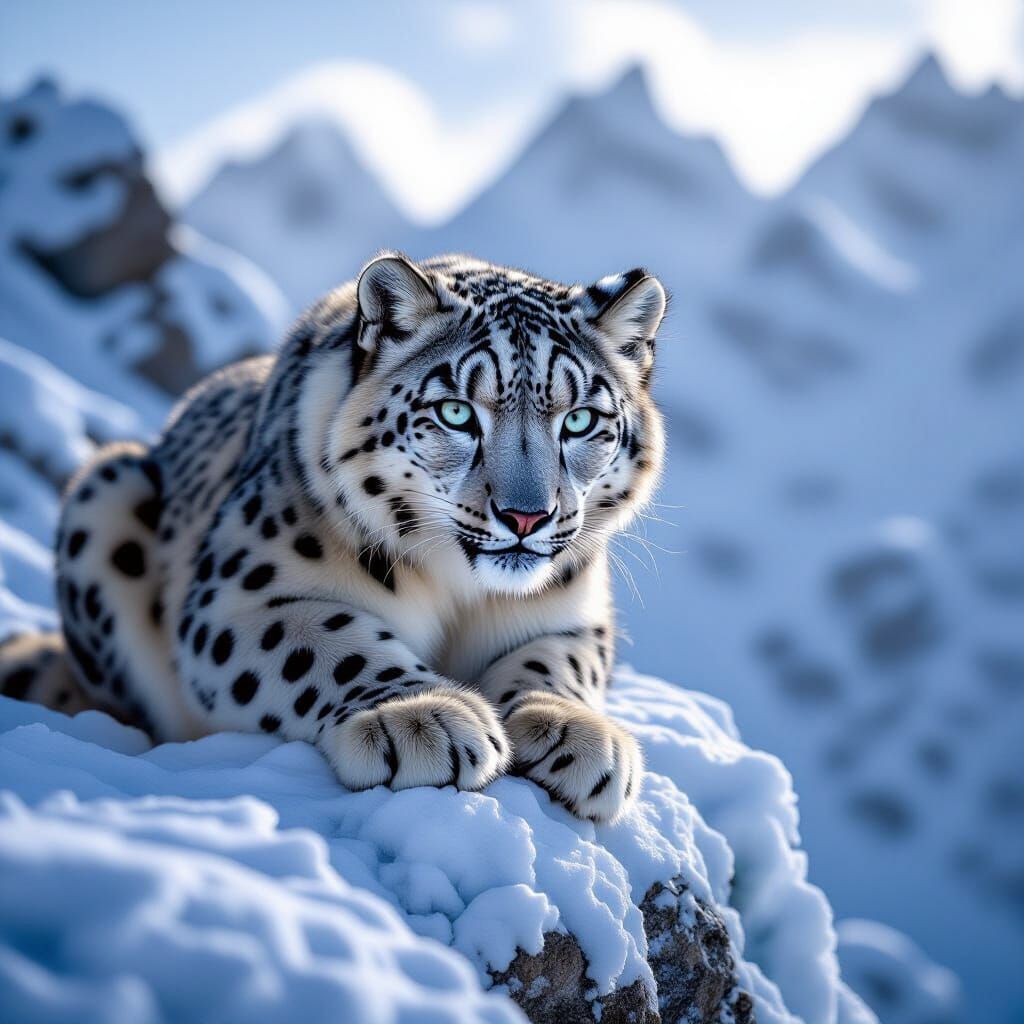 Snow Leopard on Ice Ledge in Cinematic Style