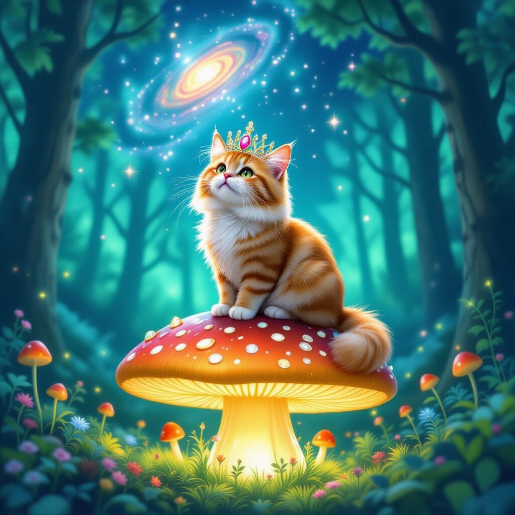 Crowned Cat on Mushroom in Bioluminescent Forest