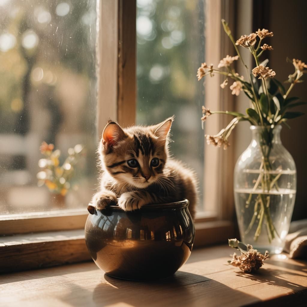 Kitten Curled in Vase: Indie Film Photography