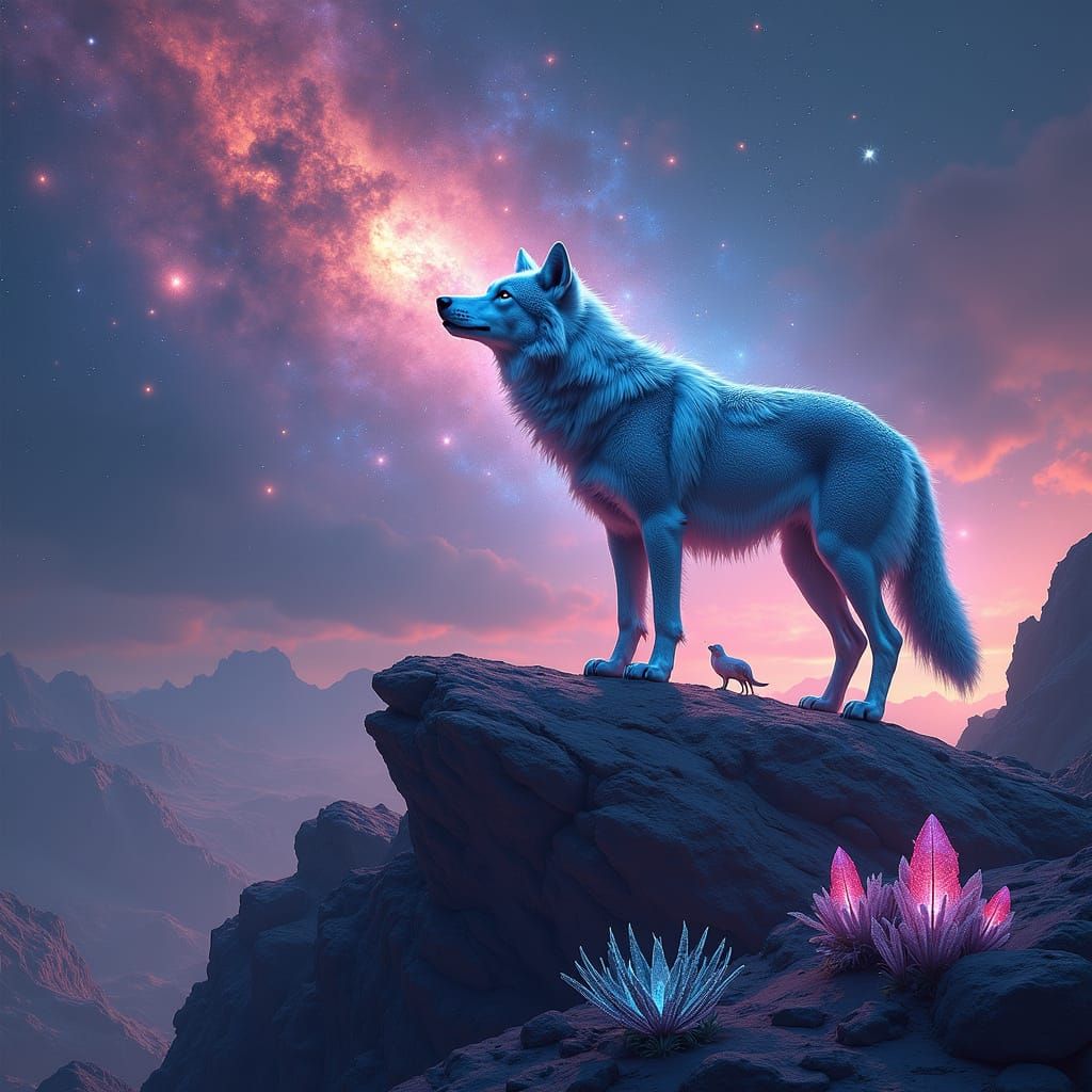 Stardust Wolf Howling at Nebula Sky in Cosmic Surrealism