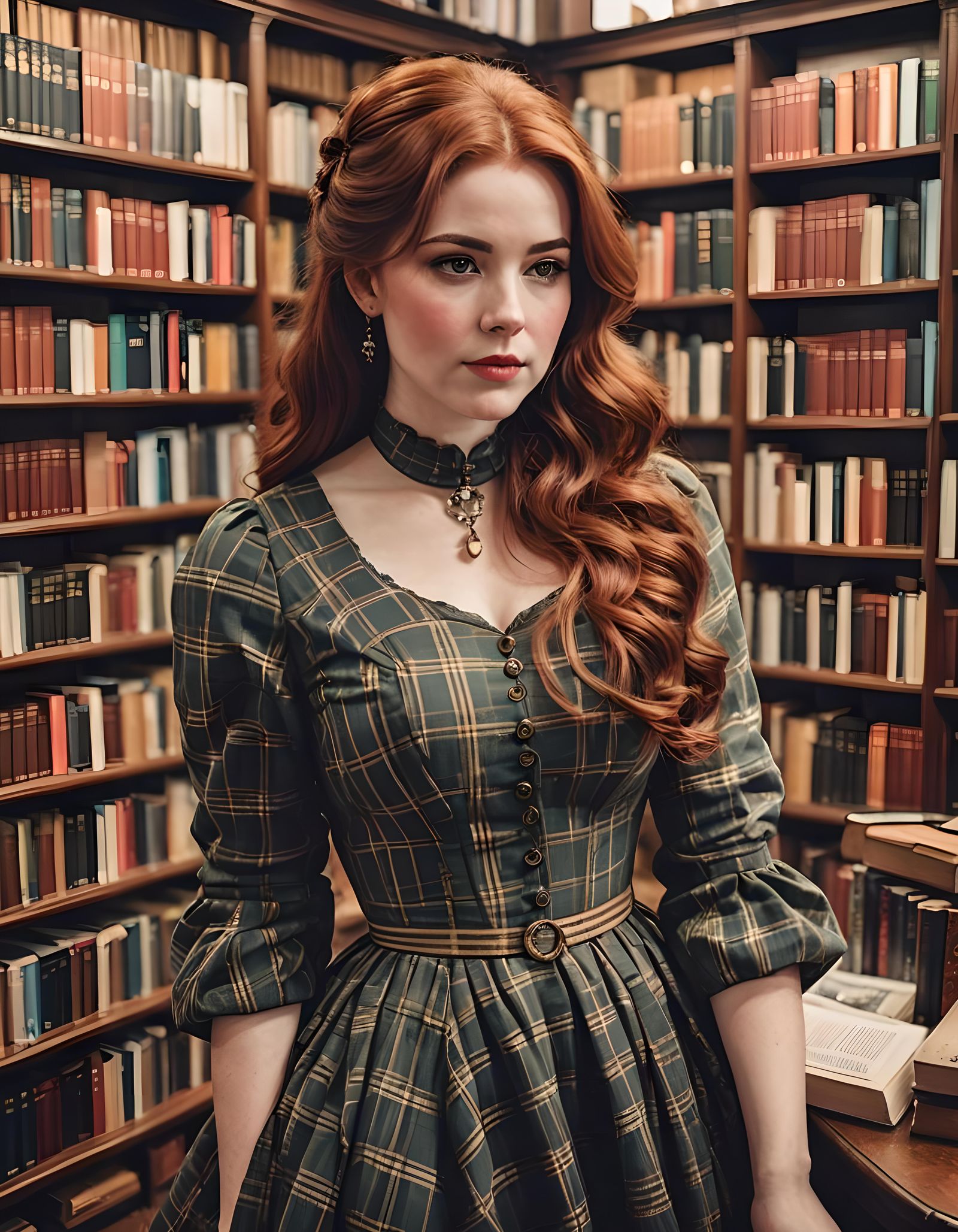 Victorian Woman in Bookstore Portrait