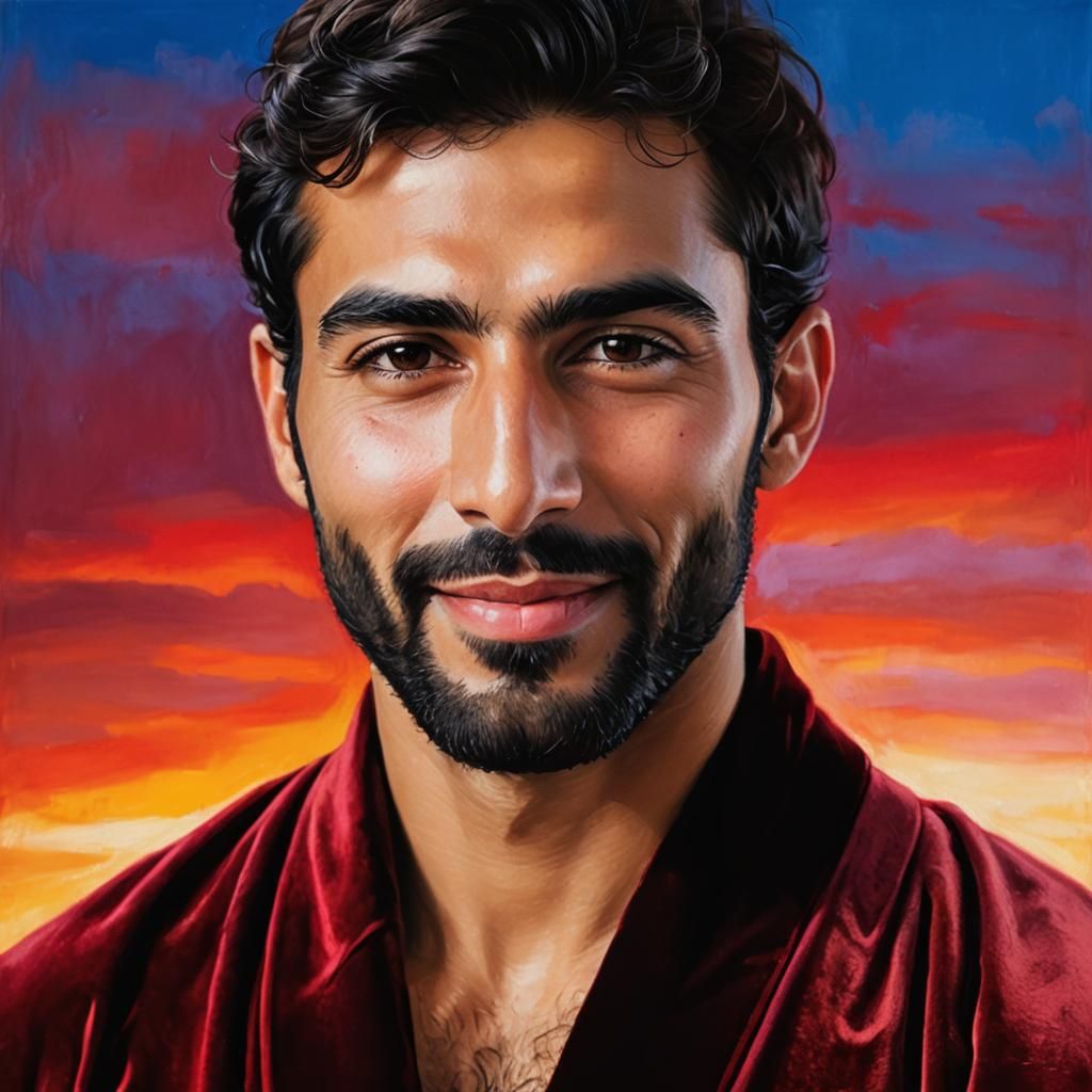 Joyful Man in Red Velvet Bathrobe, Rembrandt Style