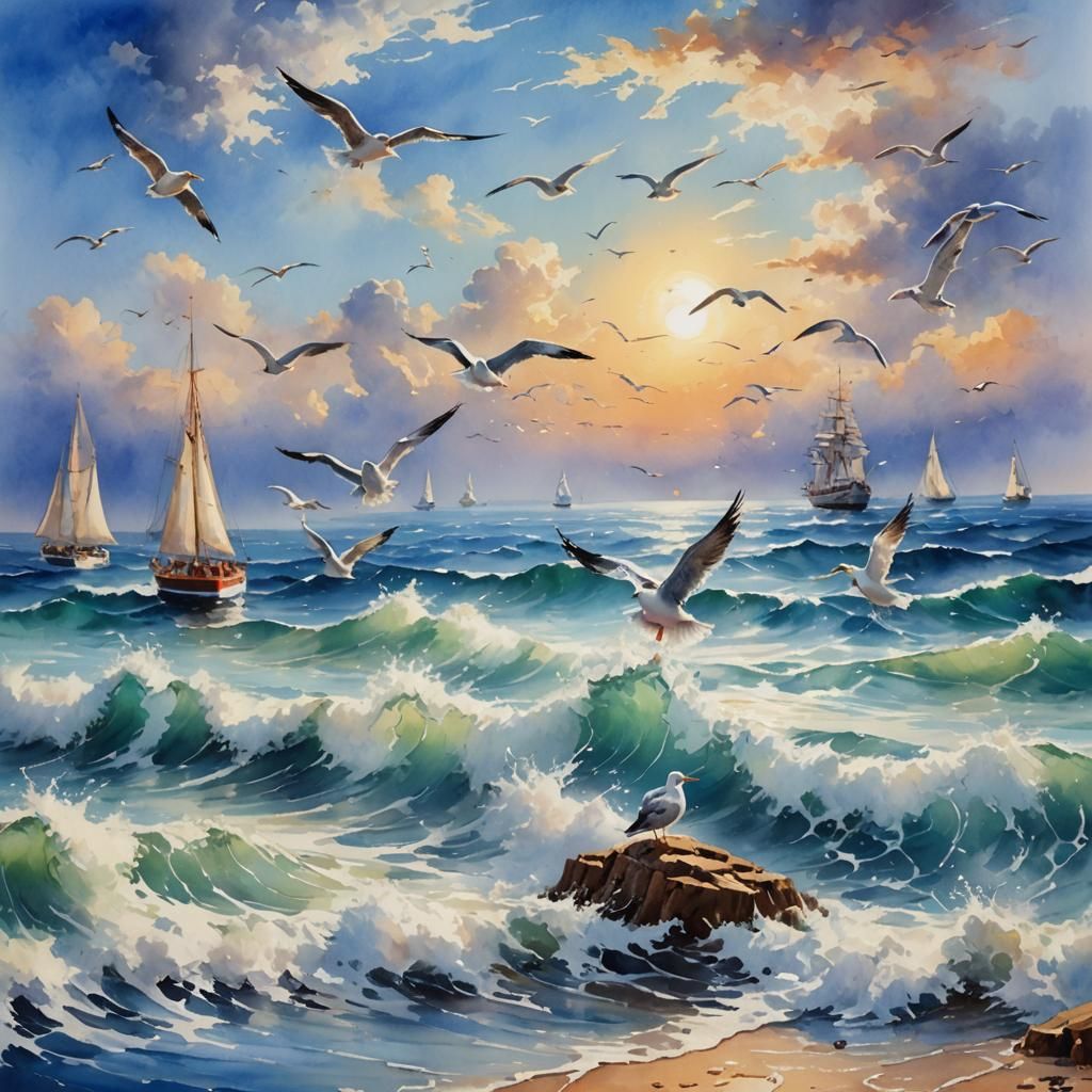 Surreal Seascape with Sailboat in Watercolor Style