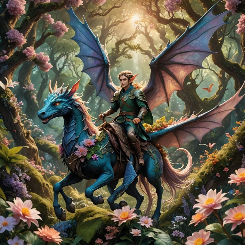 Woodland Elf on Dragon in Floral Forest