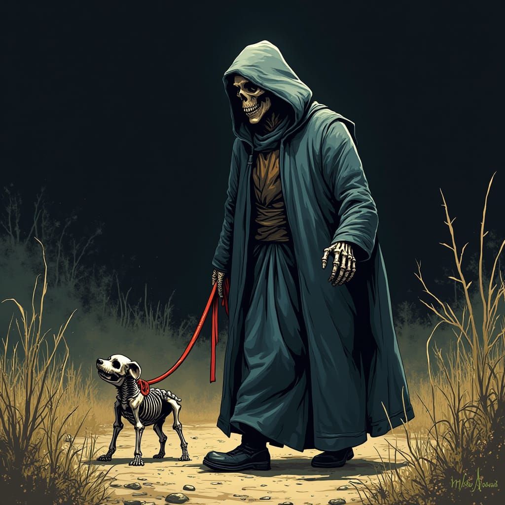 Grim Reaper Strolls with Frightful Furry Companion in Dark C...