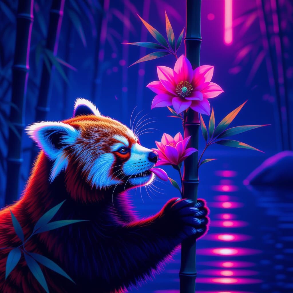 Red Panda Licking Flower on Bamboo in Neon Water