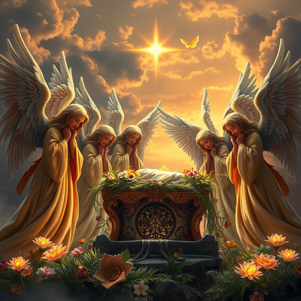 Angels Gather Around a Luminous Manger in a Dreamy Whimsical...