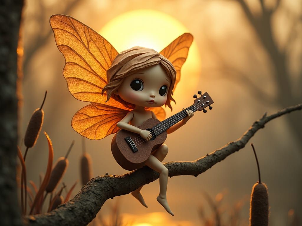Whimsical Origami Fairy Playing Ukulele in Forest