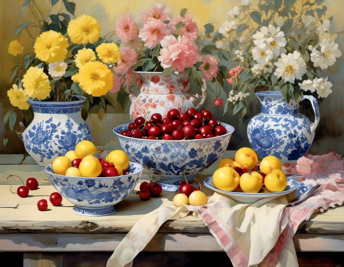 Cherries and Summer Flowers Still Life