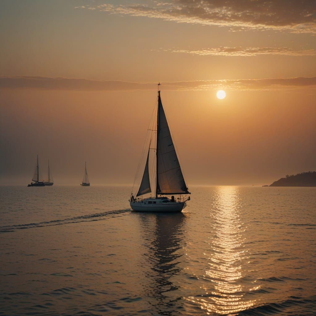 Sunrise over Foggy Sea with Sailboat, Cinematic Style