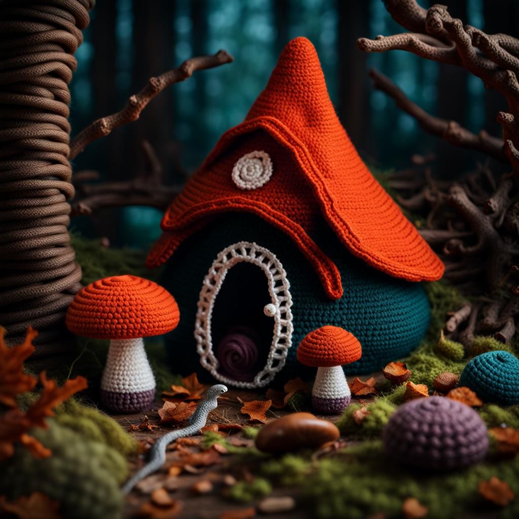 Crochet gnome hut in the middle of the woods