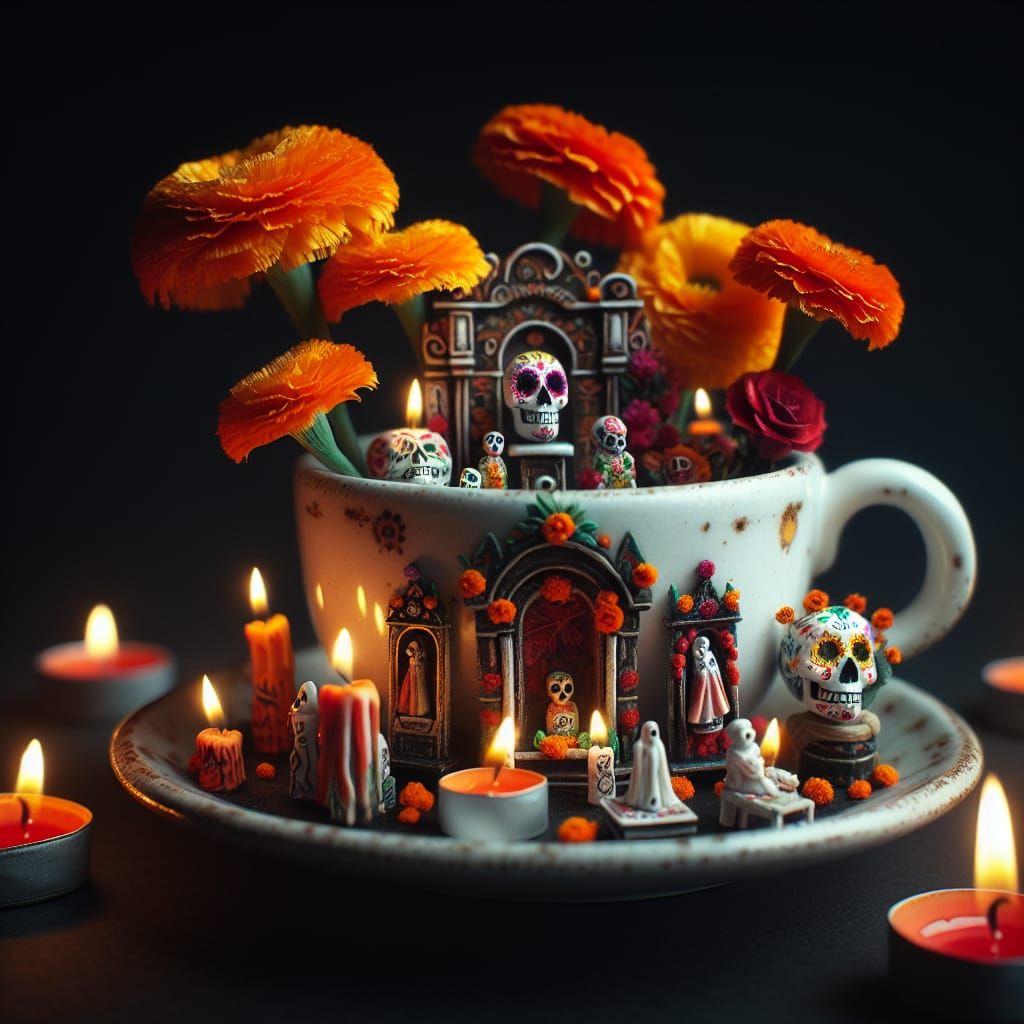 Dia De Muertos Ofrenda made  in a  teacup, Cempasúchil flowers,candles, calavera,