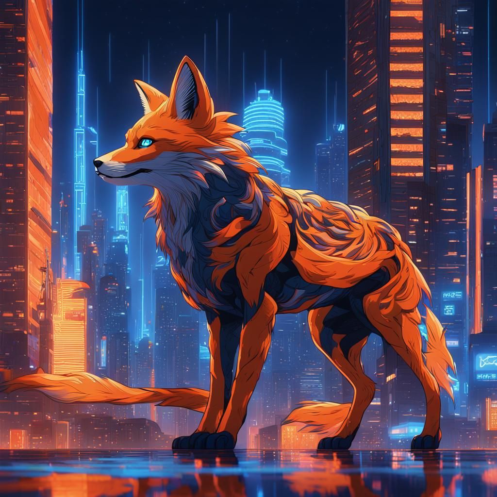 Cyberpunk Kitsune in Neon-Lit Metropolis