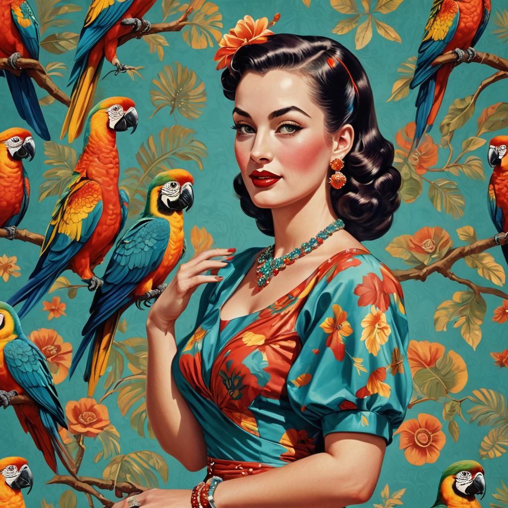 Pin-Up Model with Macaw Parrot in 1950s Style
