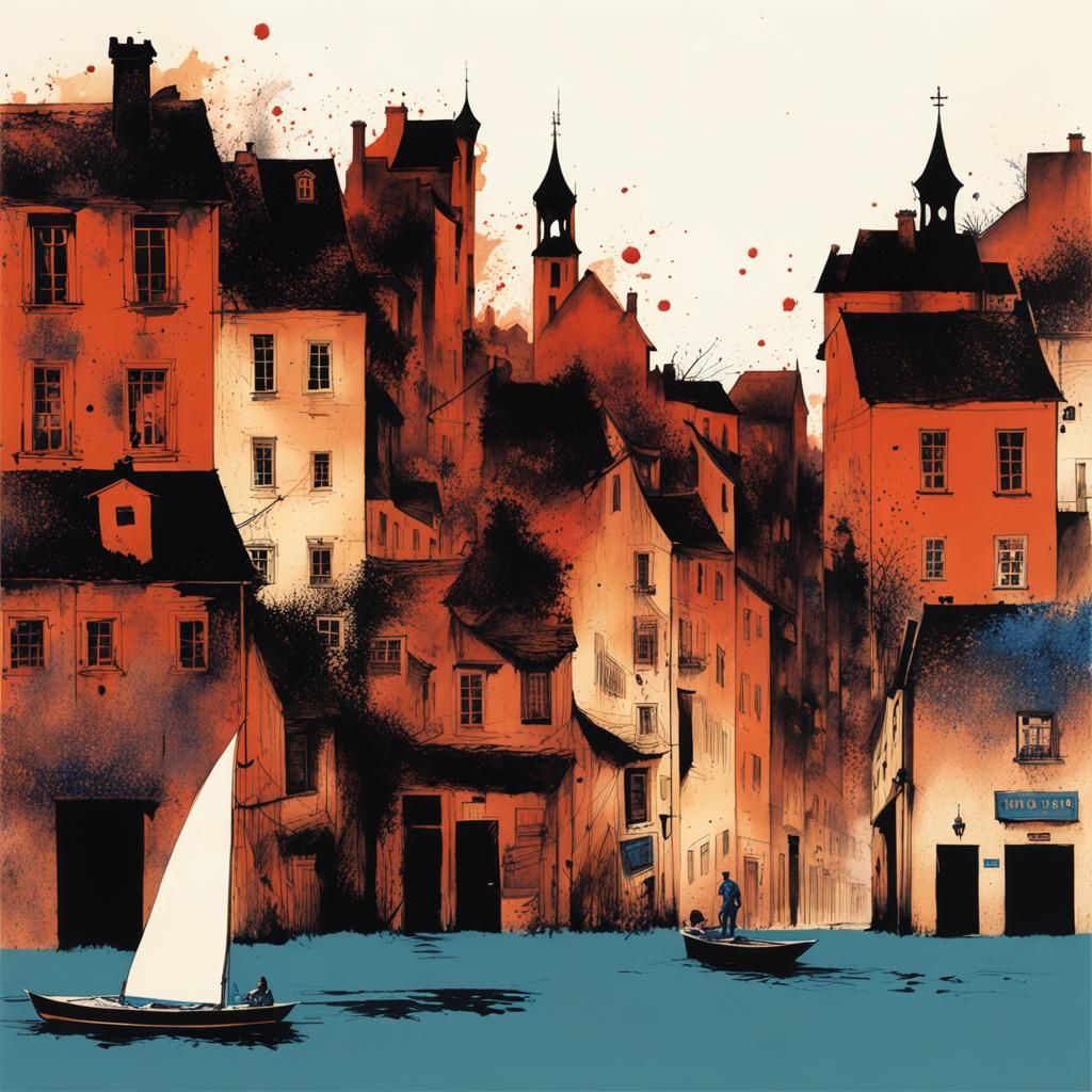 Town in Blue Ink Drawing Style