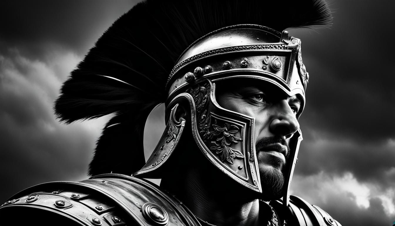 Dramatic Portrait of Roman Legionnaire in Black and White