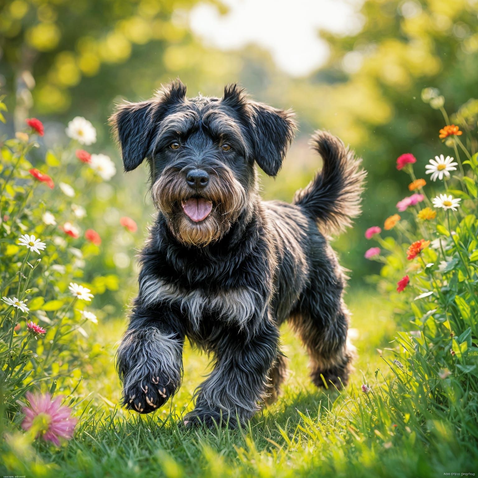 Black Schnauzer Dog Playing in Summer Garden