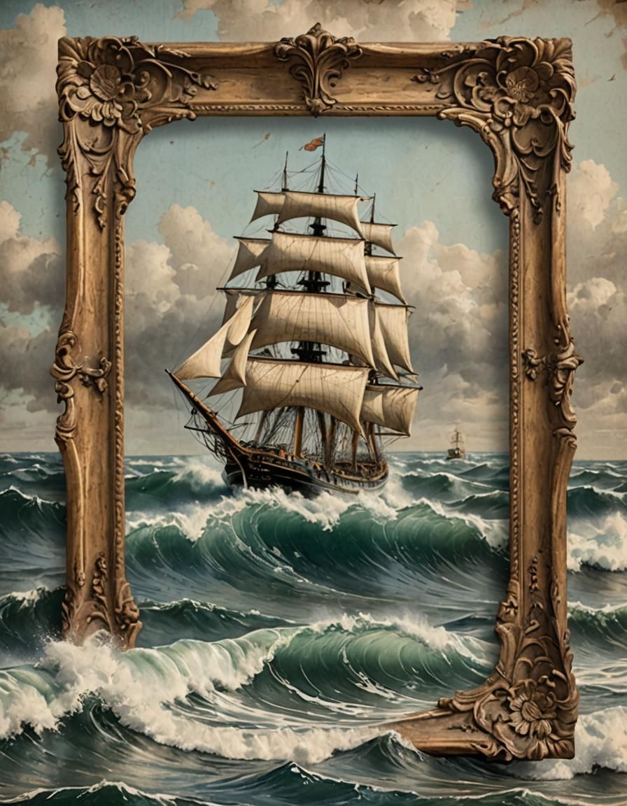 Sailing Ship Emerges from Antique Frame