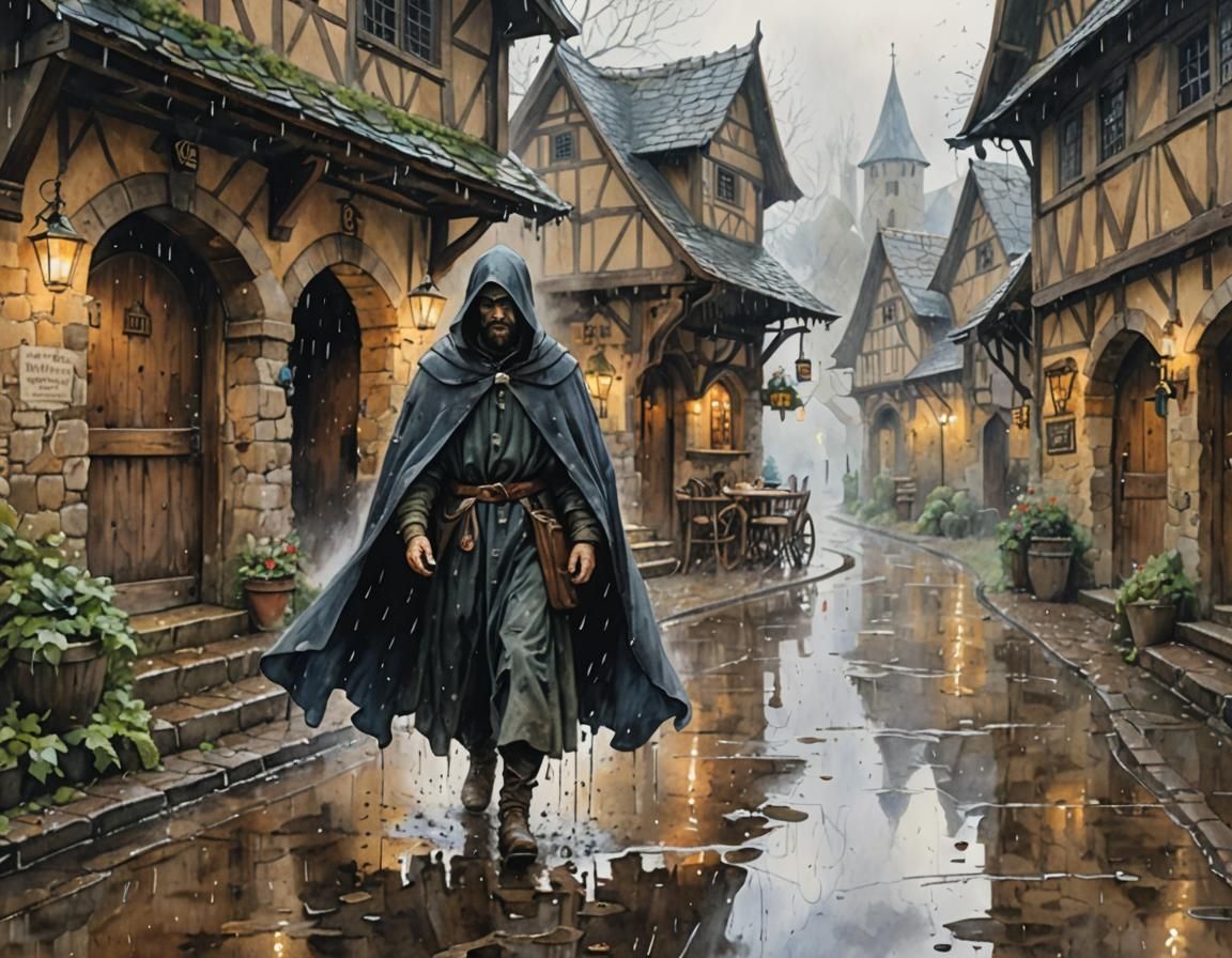 Cloaked Figure Approaches Tavern in Watercolor Painting