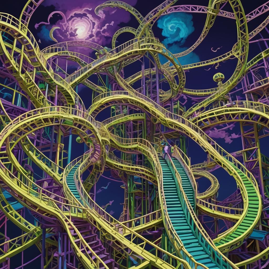 Surreal Theme Park with Neon Rollercoasters