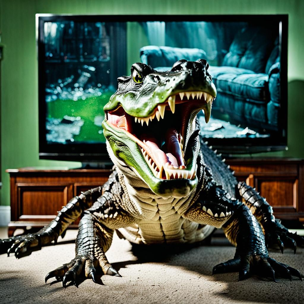 Alligator Breaks Through Television Screen in Hyperrealistic...