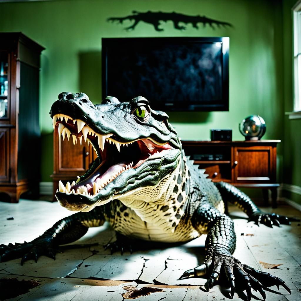 Alligator Bursting Through Television: Hyperrealistic Photog...