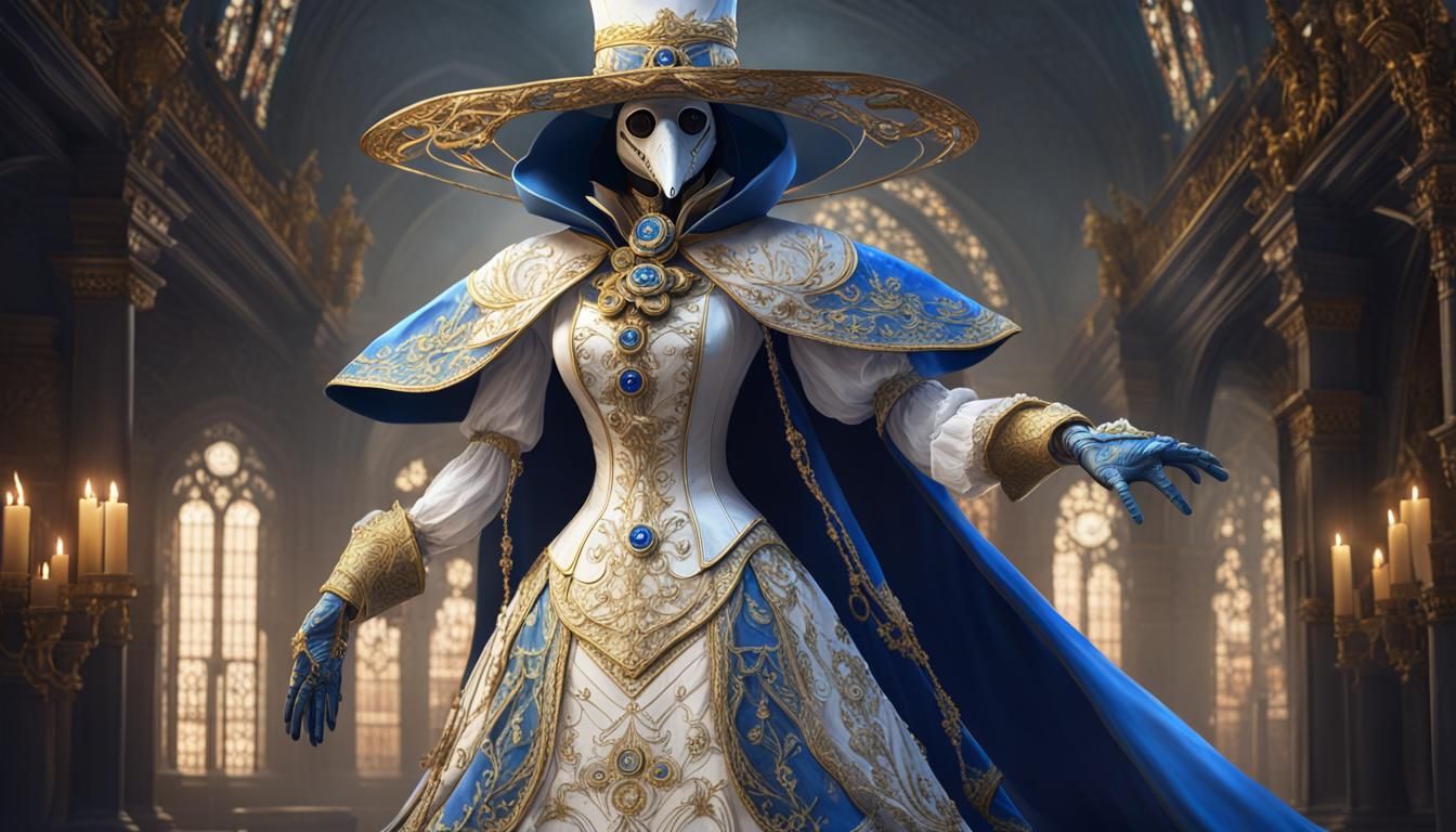 Beautiful Plague Doctor Woman in Ornate Dress